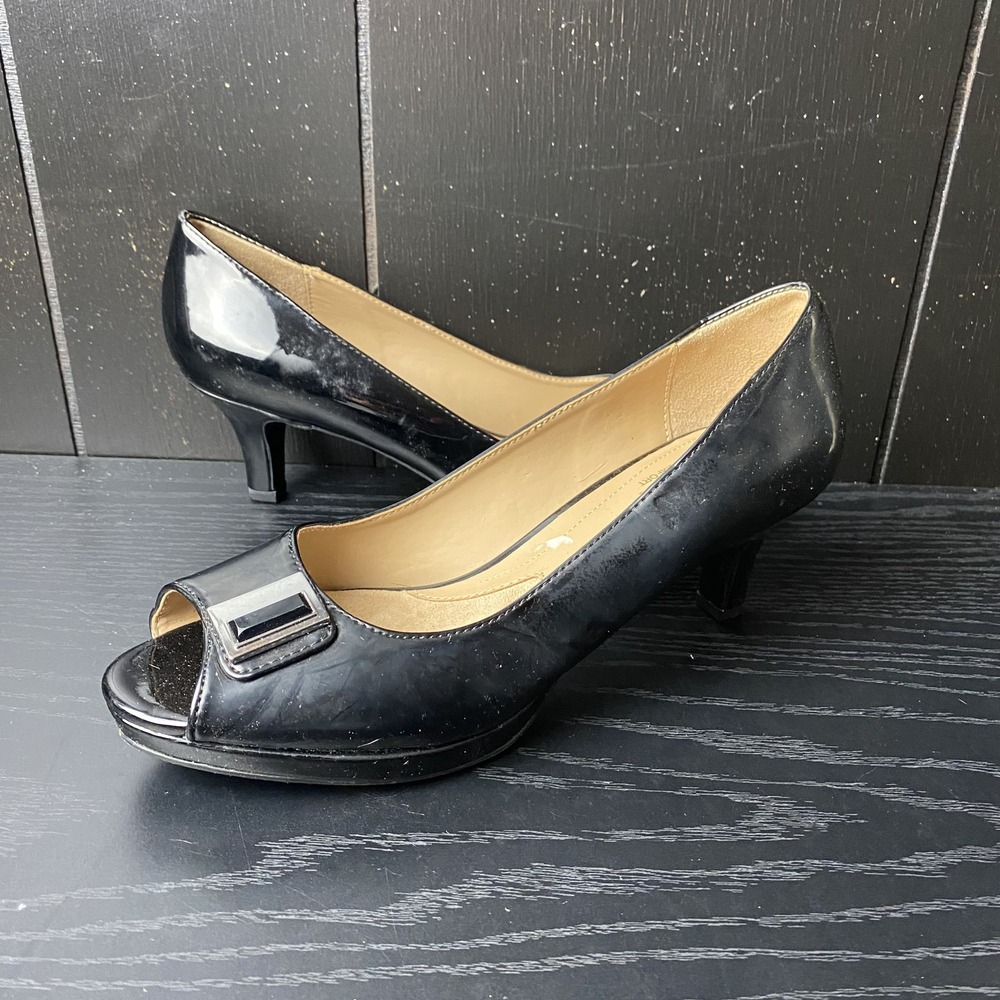 Naturalizer Womens 7 1/2 Black Peep‎ Toe Heels with Buckle Detail